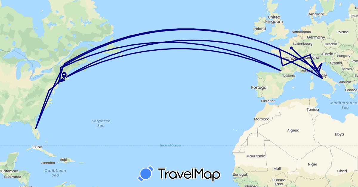TravelMap itinerary: driving in Canada, Switzerland, France, Italy, United States (Europe, North America)